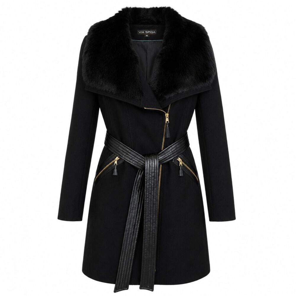 Via Spiga Coat Women's 16 Black Wool Blend Belted Zip Faux Fur Collar Lined